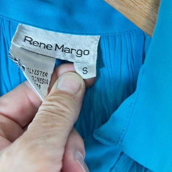 Vintage 90s Rene Margo Turquoise Blue Crinkle Pleated SS Button Down Top Size S - Picture 7 of 11